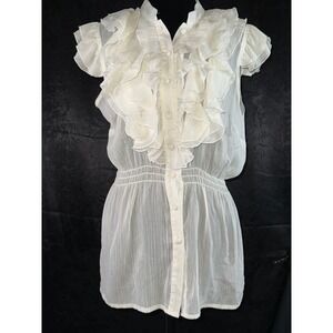 rue21 White Ruffle Front Button Down Blouse Smocked Waist Cap Sleeve Large